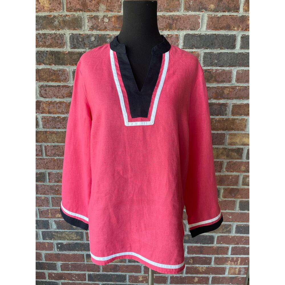 Talbots Long Sleeve Linen Blouse - pink & black V Neck Loose Fit Beachy Sz S